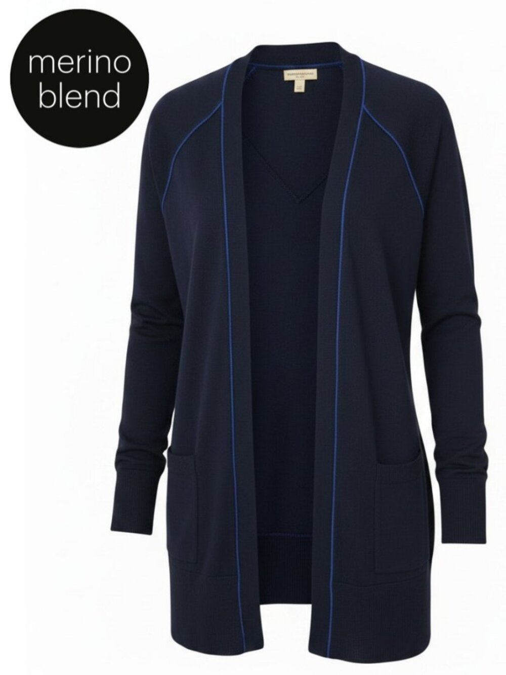 CHRISTIAN SIRIANO Navy Merino Wool Open Front Cardigan Blue Trim size M